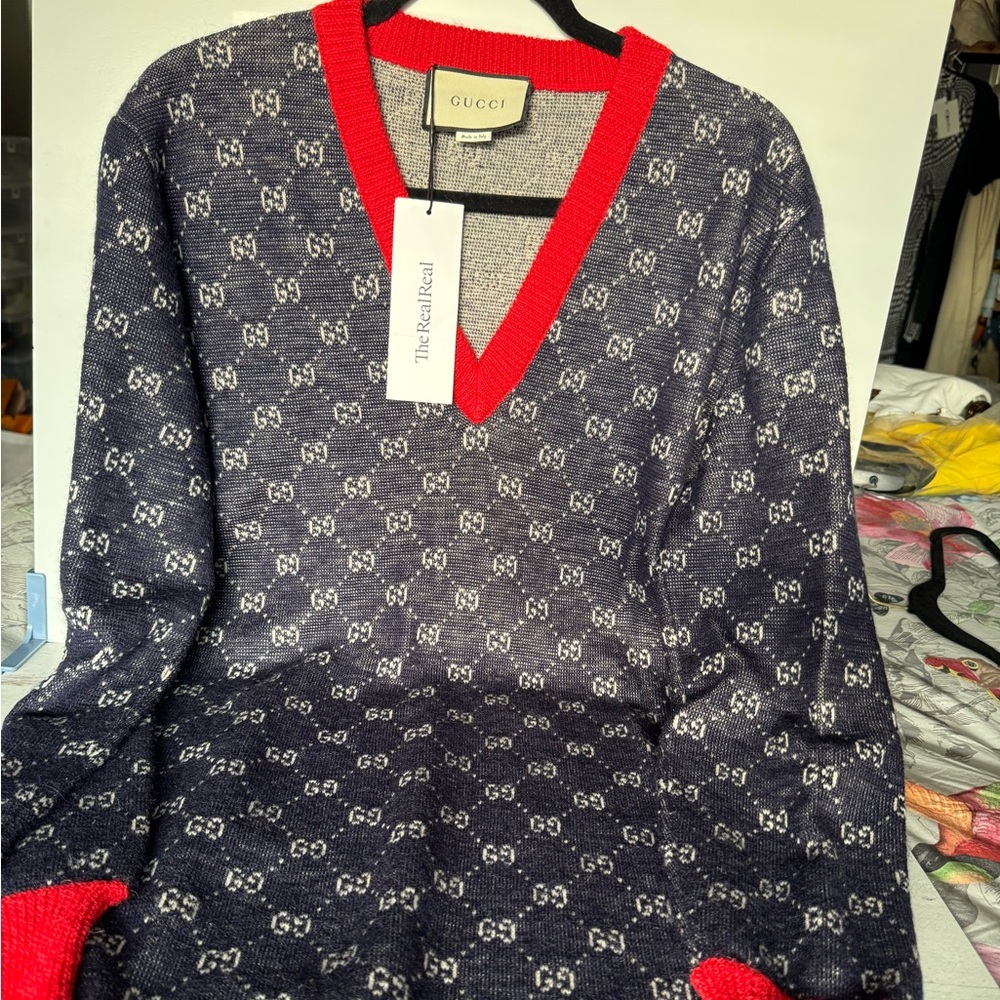 Gucci Blue and Red Patterned V-Neck Sweater Dress Size XS/Small